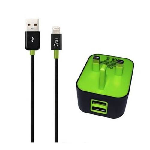 فيش جداري منفذين USB + كيبل ايفون بطول 1 متر goui أسود