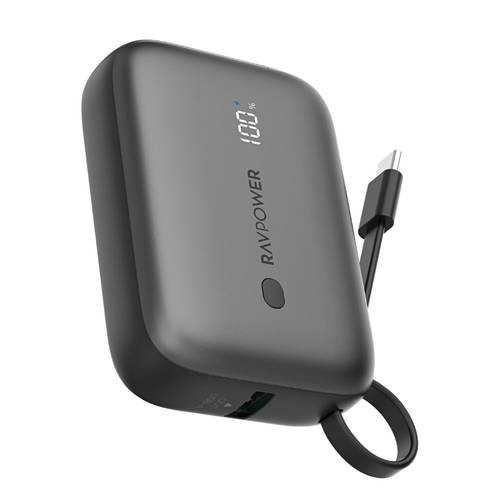 باور بانك راف باور 10000 مللي أمبير 20 واط مع كابل USB-C مدمج أسود