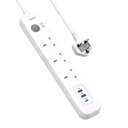 توصيله أنكر 3 مداخل كهربائية  2 منفذ USB و 1 منفذ PD -سلك 2 متر أبيض