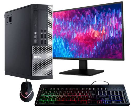 Refurbished Dell Optiplex 9020 desktop computer, Intel Quad Core i5 processor, 500GB storage, 8GB DDR3 RAM, Wi-Fi, 20-inch display, RGB productivity pack, Windows 11 Pro operating system