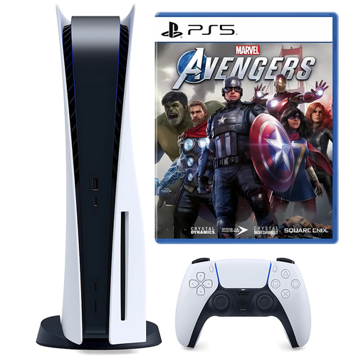 PlayStation 5 Disc Edition with DualShock Controller + Marvel Avengers Video Game (Renewed) 1 Year Warranty