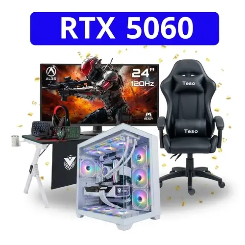 Complete PC gaming build with RTX 5060, i5-12400F, 16GB RAM, TESO chair, ASA table with monitor and keyboard — ultimate performance and unparalleled comfort