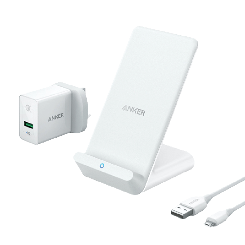 Anker PowerWave wireless charging with 10W fast charging stand, wall charger with QC3.0 fast charging technology and 1.8 cm PowerLine charger cord i