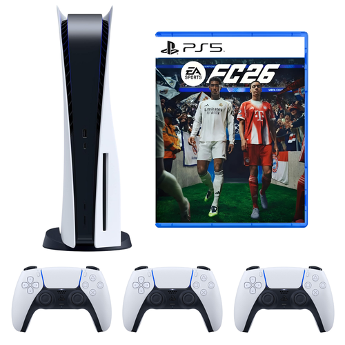 Friday Break Package - PlayStation 5 Disc Edition 825 GB Refurbished with 3 DualShock Controllers + FIFA 26 Game Card, 1 Year Warranty