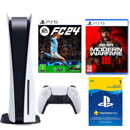 Sony PlayStation 5 Slim Disc Edition + Modern Warfare 3 Tape + FC 24 Game Tape + 1 Month Plus Membership (Used and Refurbished) 1 Year Warranty