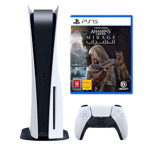 PlayStation 5 disc version with DualShock controller + Assassin's Creed video game console, Saudi version (renewed), one-year warranty