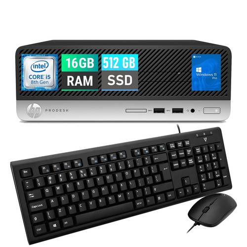كمبيوتر مكتبي HP ProDesk 400 G5 SFF، معالج Core i5-8500، ذاكرة وصول عشوائي (RAM) سعة 16 جيجابايت، قرص SSD سعة 512 جيجابايت، لوحة مفاتيح وماوس، واي فاي، نظام التشغيل Windows 11 Pro (مُجدد)