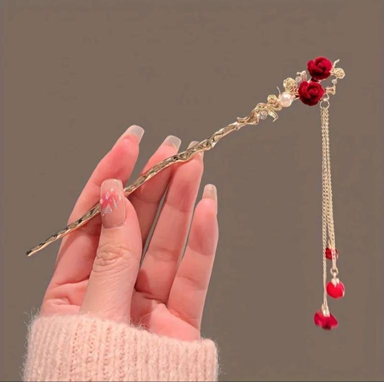 Chinese Red Rose Hairpin