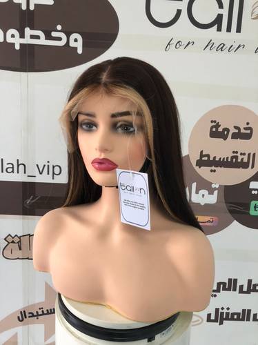 باروكة شعر طبيعي طول 16 انش والكثافه 150 اللون بني مخصل باللون لاشقر   جذور حرير 13*4