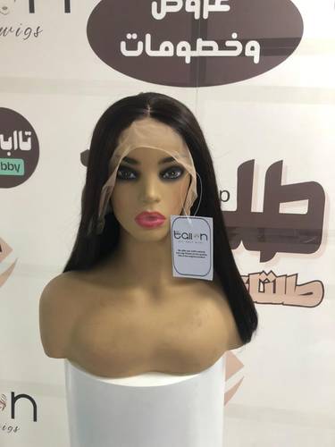 باروكة شعر طبيعي طول 14 انش كثافه 150 اللون اسود طبيعي جذور حرير 13×4