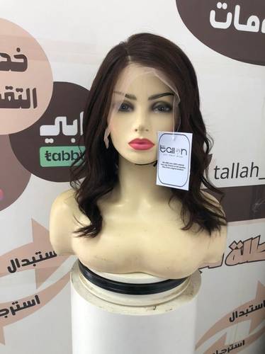 باروكة شعر طبيعي طول 14 انش والكثافه 180 اللون بني غامق جذور دانتيل HD ١٣*٤ مموج