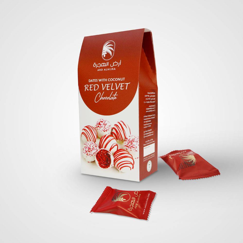 Dates stuffed with red velvet and coconut