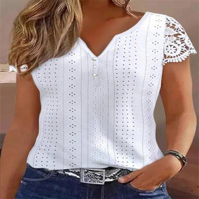 بلوزات نسائية غير رسمية بأكمام قصيرة ورقبة على شكل حرف V ، توبات دانتيل ، قميص بأزرار ، ملابس يومية سادة ، موضة صيفية