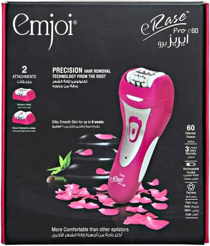 Emjoi eRase PRO (Pink) Women's Hair Removal Device, 60 Tweezers