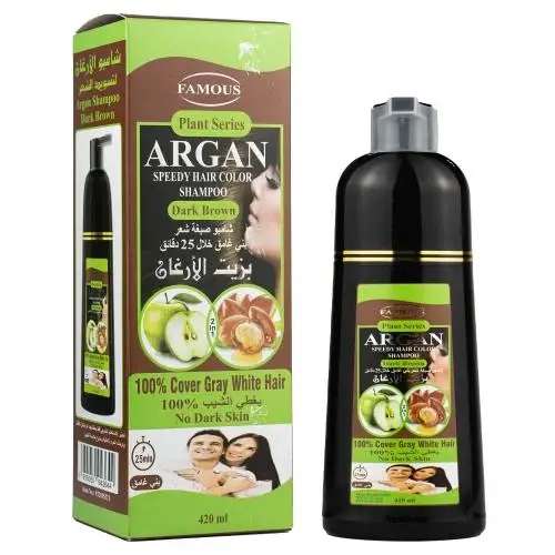 Famous Argan Shampoo Hair Dye with Argan Oil Easy to Use and Long Lasting Dark Brown Color 420ml