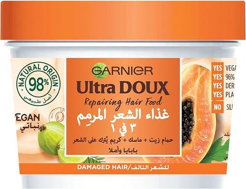 Garnier Ultra Doux 3 in 1 Repairing Hair Food Cream, Oil Bath and Mask with Papaya and Amla Extract for Damaged Hair 390 ml