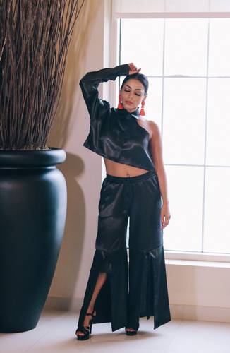 Black silk pants and top
