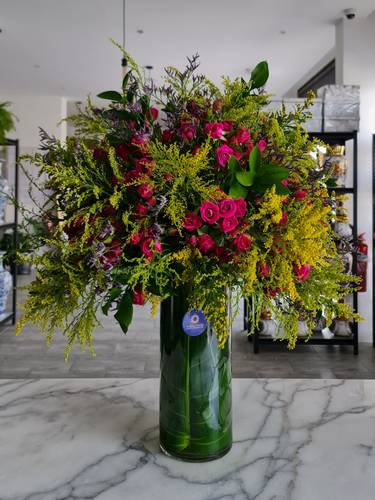 Glass Vase with mix flowers & foliage 