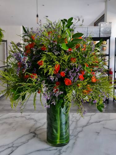 Glass Vase with mix flowers & foliage 