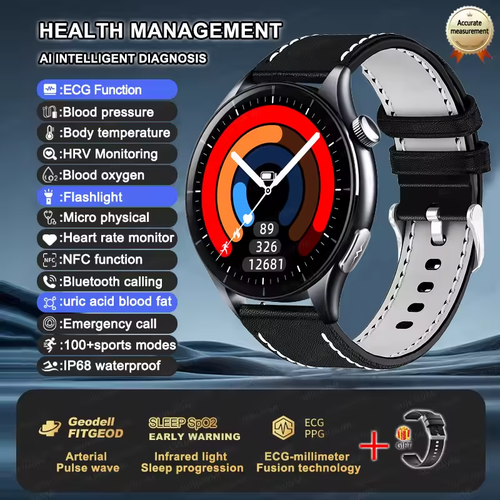 ساعة ذكية صحية 2025 NFC مع ECG وPPG ومقاومة للماء IP68.
