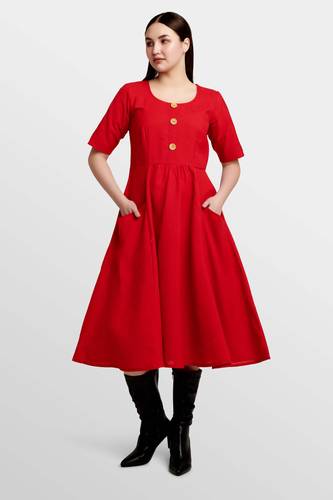 Berry Blaze Linen Red Midi Dress 