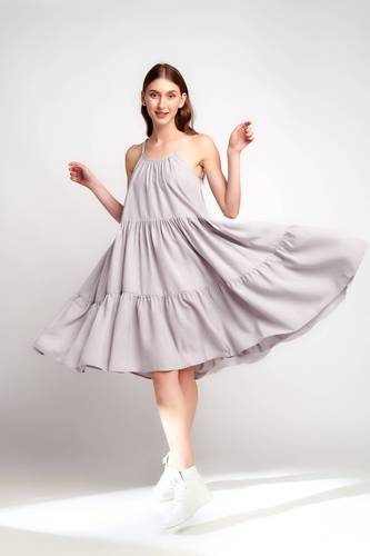 Misty Grey Gathered Midi Dress