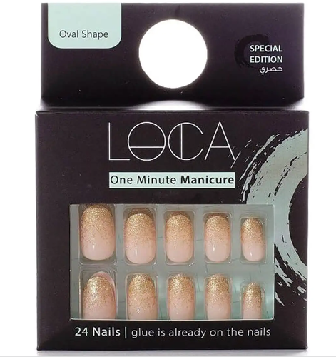 loca press on nails gold glitter oval shape-S1