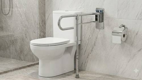 Stainless Steel Bathroom Safety Grab Bar with Fold-Up Mechanism and Floor Support Leg