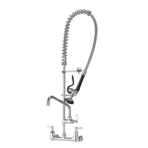 Commercial Wall Mount Pre-Rinse Faucet with Add-On Swing Spout – Solid Brass Double Hole Kitchen Faucet, High-Pressure Pull-Down Sprayer, Dual Lever Handles, Chrome Finish for Restaurant & Industrial Sinks