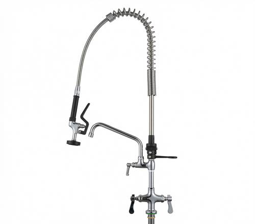 Commercial Pre-Rinse Kitchen Faucet, Deck Mounted Single Hole with Pull-Down Sprayer, Solid Brass Body, Dual Lever Handles, Add-On Swing Spout, Heavy Duty Restaurant Sink Faucet, Chrome Finish