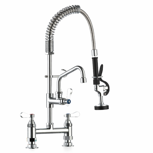 Commercial Mini Pre-Rinse Kitchen Faucet with Add-On Swing Spout, Compact Heavy-Duty Stainless Steel Sink Faucet with High-Pressure Sprayer, Flexible Spring Hose, and Dual Handle Control