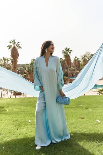 Silky Side Slit Set - Light Blue