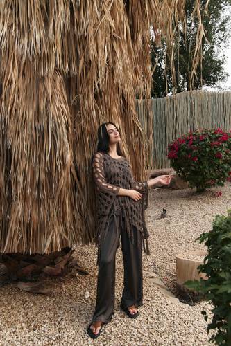 Fringe Knit Over Pants Set - Brown