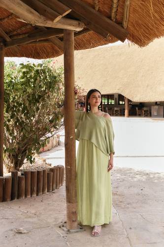 Crinkled Cotton Dress- Green