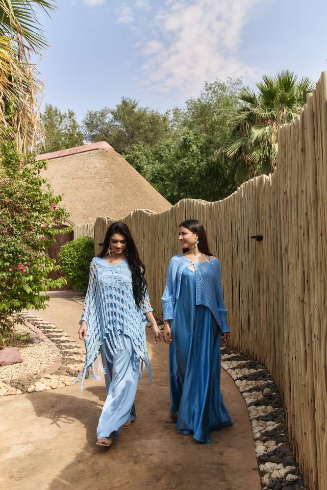 Fringe Knit Over Pants Set - Light Blue
