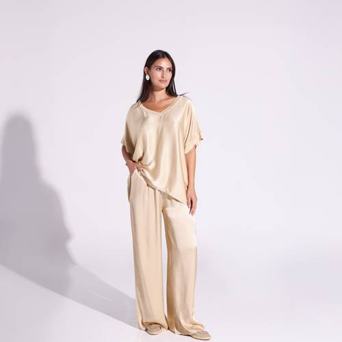 V Neck - Silky Lounge Set in Gold