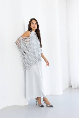Shiny Top Over High-Neck Dress - Silver