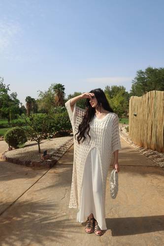 Crochet Open Dress Set - Beige