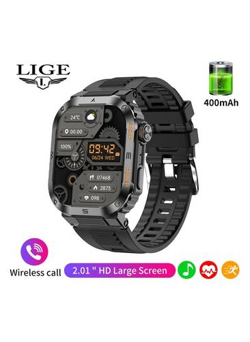 LIGE 2025 Newest Men's 400mAh Big Battery 2.01'' Large Full Touch Screen Sports Smart Watches IP68 Waterproof Support Arabic Silicone Black