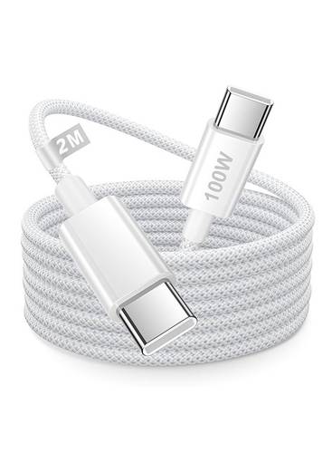 صورة العالمة كابل USB-C 100W Type C، كابل مضفر بطول 2 متر للشحن السريع، كابل توصيل الطاقة PD، متوافق مع آيفون 17/17 بلس/17 برو/17 برو ماكس/16/16 بلس/16 برو/16 برو ماكس/15/15 برو/15 بلس/15 برو ماكس، آيباد ميني/برو، ماك بوك برو/إير، أبيض.