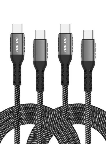 infino كابل USB-C إلى USB-C بقدرة 100 واط [عبوة من قطعتين، 6.6 قدم / 2م] - شحن سريع PD 5A مع E-Marker لأجهزة iPhone و MacBook و iPad Pro و Samsung وأجهزة Type-C - أسود