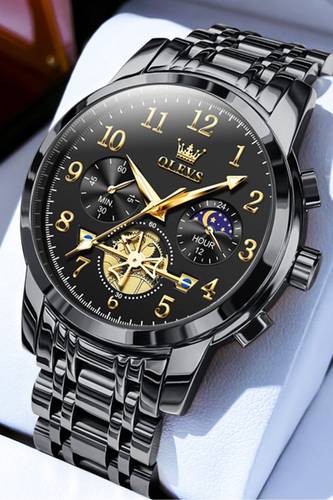 أوليفز ساعة OLEVS 2900 Moon Phase للرجال من الفولاذ المقاوم للصدأ ومضادة للماء وعصرية بهيكل عظمي وساعة كوارتز كرونوغراف للرجال