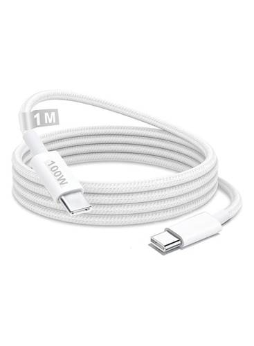 صورة العالمة كابل USB-C 100W Type C، كابل مضفر بطول 1 متر للشحن السريع، كابل توصيل الطاقة PD، متوافق مع آيفون 17/17 بلس/17 برو/17 برو ماكس/16/16 بلس/16 برو/16 برو ماكس/15/15 برو/15 بلس/15 برو ماكس، آيباد ميني/برو، ماك بوك برو/إير، أبيض.