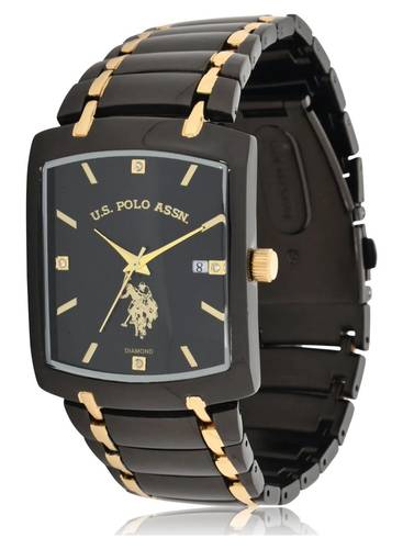 U.S. Polo Assn. ساعة رجالية عتيقة بقرص أسود وذهبي USC80661