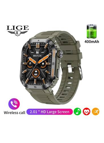 LIGE 2025 Newest Men's 400mAh Big Battery 2.01'' Large Full Touch Screen Sports Smart Watches IP68 Waterproof Support Arabic Silicone Green