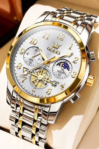 أوليفز ساعة OLEVS 2900 Moon Phase للرجال من الفولاذ المقاوم للصدأ ومضادة للماء وعصرية بهيكل عظمي وساعة كوارتز كرونوغراف للرجال