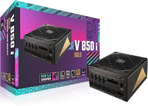 كولر ماستر مروحة V850 جولد اي ATX3.0 معيارية بالكامل، 850 واط، 80+ ذهبي، شبه رقمية، مروحة صامتة 135 ملم مع مكثفات يابانية 100% (MPZ-8501--BUS) + تركيب