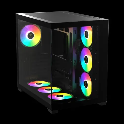 AURA GC107 ELITE SPACIOUS PANORAMIC ARGB MID-TOWER CASE  • Seamless Tempered Glass Display • 7 Built-in 120mm ARGB Fans • Supports Connector-hidden Motherboards • Fits Mini-ITX, Micro-ATX and ATX motherboards