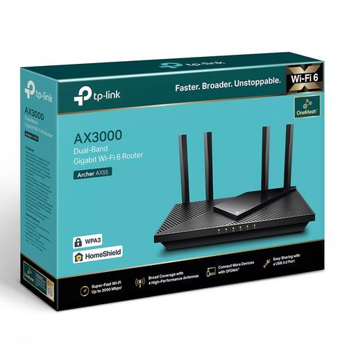 TP-Link Next-Gen Wi-Fi 6 AX3000 Mbps Gigabit Dual Band Wireless Router, OneMesh™ Supported, 1× USB 3.0 Port, Ideal for Gaming Xbox/PS4/Steam and 8K, Compatible with Alexa (Archer AX55)