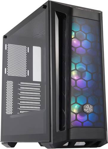 صندوق كمبيوتر بحجم متوسط ايه تي اكس ماستر بوكس MB511 فضاء لوني RGB من كولر ماستر شبكة امامية للتهوية ومنافذ لسحب الهواء، لوحة جانبية من الزجاج المقسى، و3 مراوح 120 ملم مع جهاز تحكم في لون RBG